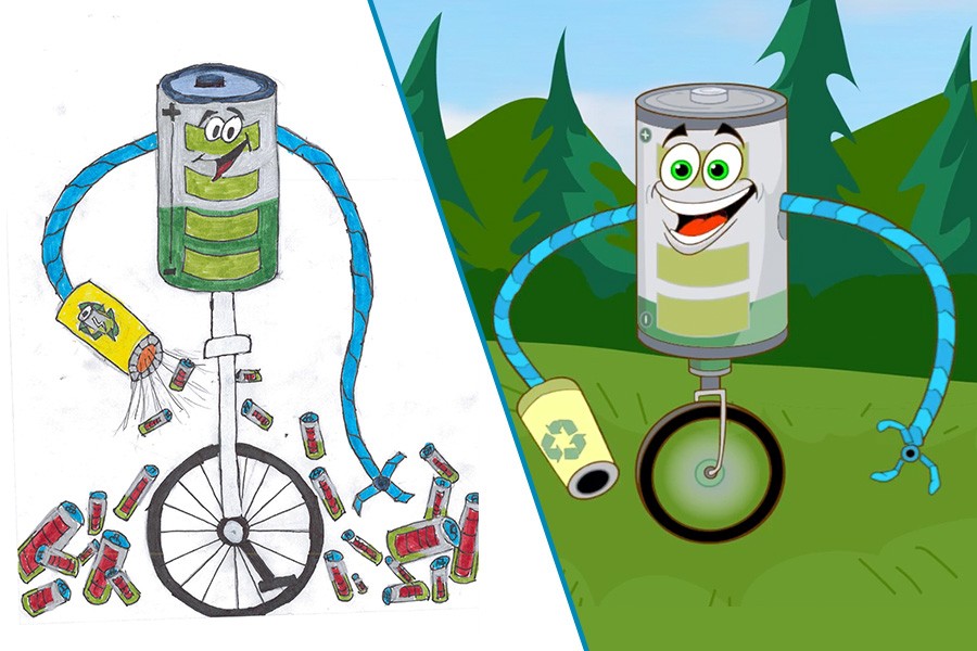 Original Drawing of the Winning Entry and the Animated Battery Hero